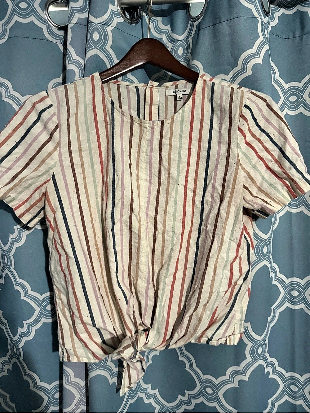 Madewell Button-Back Tie Tee in Rainbow Stripe Striped Blouse Cream & Red Small